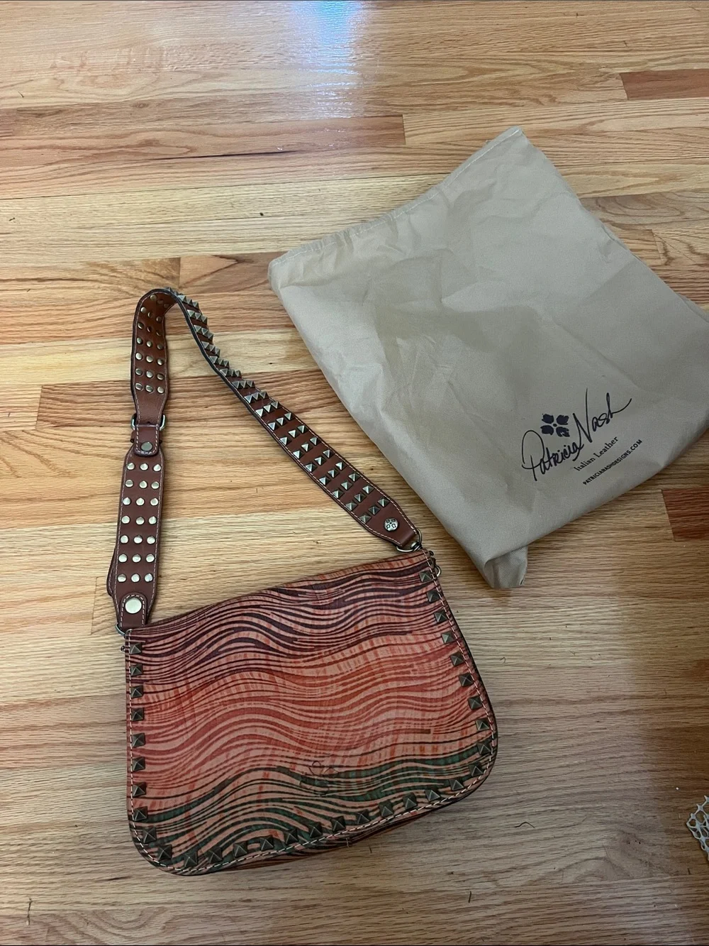 Patricia Nash Orange-Brown Wave Pattern Leather Shoulder Bag